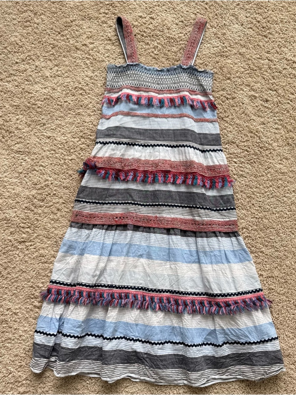 Zara Blue, Pink & Gray Striped Girls Sundress with Tassel Trim